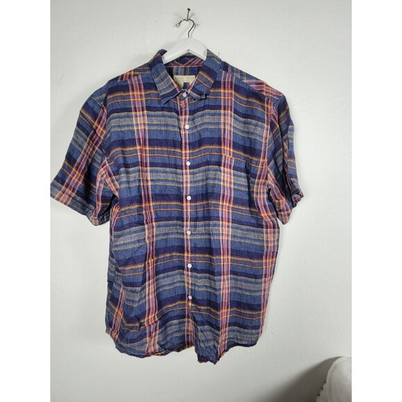 The Territory Ahead Mens XL Plaid Button-Up Shirt Linen Blue Casual Short Sleeve - Picture 1 of 7